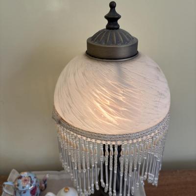 LOT 138: Victorian Style Table Lamp w/Glass & Beaded Shade, Miniature Teapot Collectibles