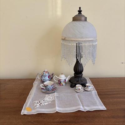 LOT 138: Victorian Style Table Lamp w/Glass & Beaded Shade, Miniature Teapot Collectibles