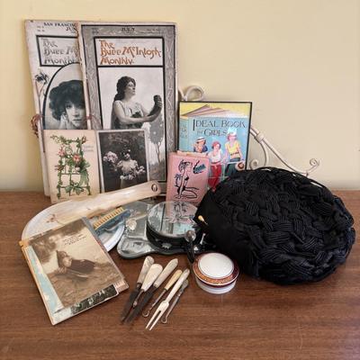 LOT 139: Vintage Manicuring Tools w/Mother of Pearl Handles, the Burr McIntosh Monthly, Postcards, Macy's Ladies Hat & More