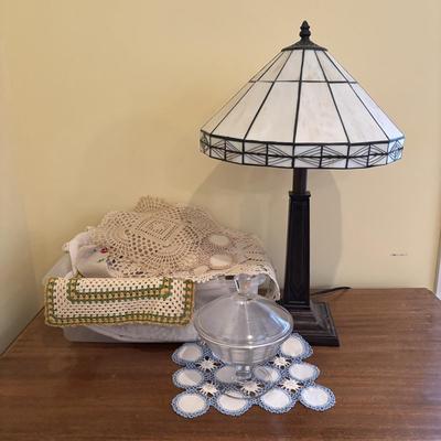 LOT 140: Tiffany Style Home Decor Lamp, Crochets Table Dollies & More