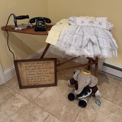 LOT 142: Vintage Wooden Childs Ironing Table, Reliable Toy Co, Telephone, Vintage Universal Electric Iron, Kindness & Purpose Print...