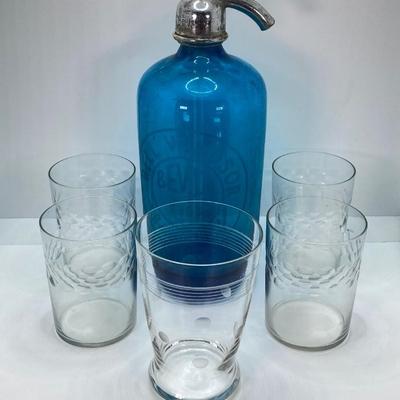 LOT 163: Vintage Blue Bell Windsor Bev Co Made in Czechoslovakia Glass Seltzer Bottle with Drinking Glasses and Dessert Cups