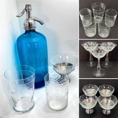 LOT 163: Vintage Blue Bell Windsor Bev Co Made in Czechoslovakia Glass Seltzer Bottle with Drinking Glasses and Dessert Cups