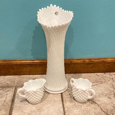 LOT 164: Westmoreland Milk Glass Vase with Small Hobnail Milk Glass Cream and Sugar Bowls