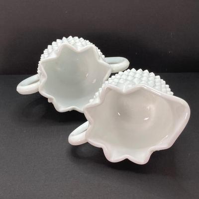 LOT 164: Westmoreland Milk Glass Vase with Small Hobnail Milk Glass Cream and Sugar Bowls