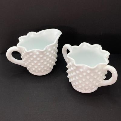 LOT 164: Westmoreland Milk Glass Vase with Small Hobnail Milk Glass Cream and Sugar Bowls