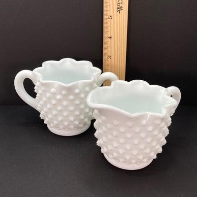 LOT 164: Westmoreland Milk Glass Vase with Small Hobnail Milk Glass Cream and Sugar Bowls