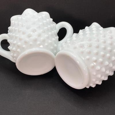 LOT 164: Westmoreland Milk Glass Vase with Small Hobnail Milk Glass Cream and Sugar Bowls