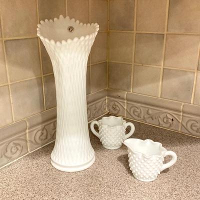 LOT 164: Westmoreland Milk Glass Vase with Small Hobnail Milk Glass Cream and Sugar Bowls