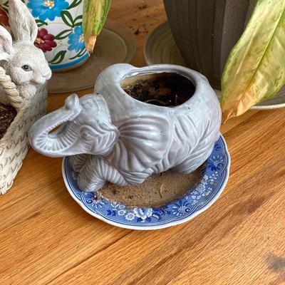 LOT 179: Pair of Live House Plants in Planters with Elephant and Bunny Planters