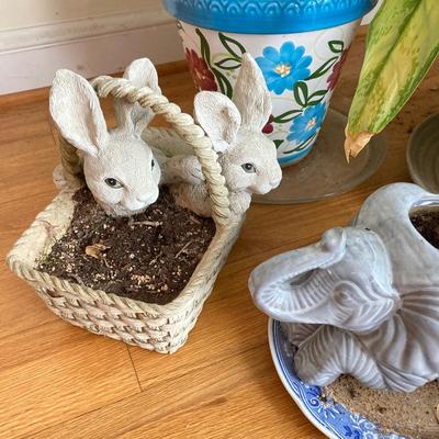 LOT 179: Pair of Live House Plants in Planters with Elephant and Bunny Planters