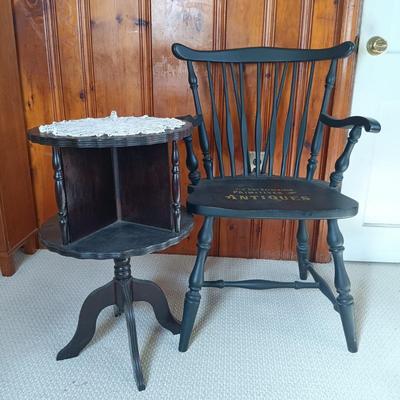 LOT 191: Antique Revolving Side Table with Spindle Back Chair