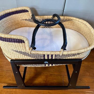 Uri Rose & Co. Handwoven Moses Basket with Black Wooden Rocking Stand