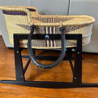 Uri Rose & Co. Handwoven Moses Basket with Black Wooden Rocking Stand
