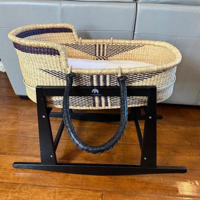 Uri Rose & Co. Handwoven Moses Basket with Black Wooden Rocking Stand