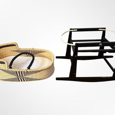 Uri Rose & Co. Handwoven Moses Basket with Black Wooden Rocking Stand