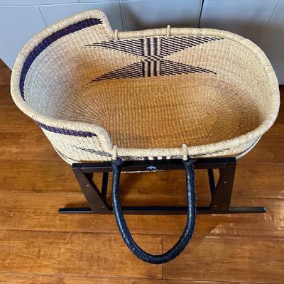 Uri Rose & Co. Handwoven Moses Basket with Black Wooden Rocking Stand