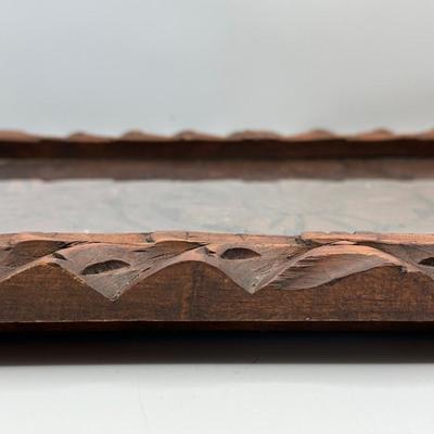 Vintage Hand-Carved Wooden Serving Tray with Glass Insert