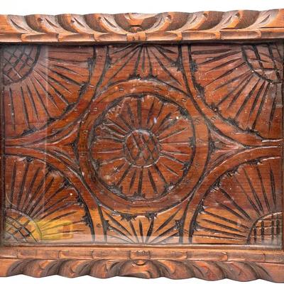 Vintage Hand-Carved Wooden Serving Tray with Glass Insert