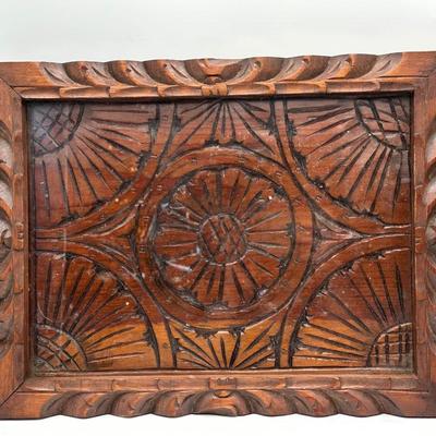 Vintage Hand-Carved Wooden Serving Tray with Glass Insert