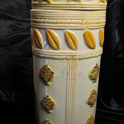 Vintage Italian Majolica Oval Pasta Canister with Artichoke Lid – Hand-Painted Ceramic Storage Jar, 15”