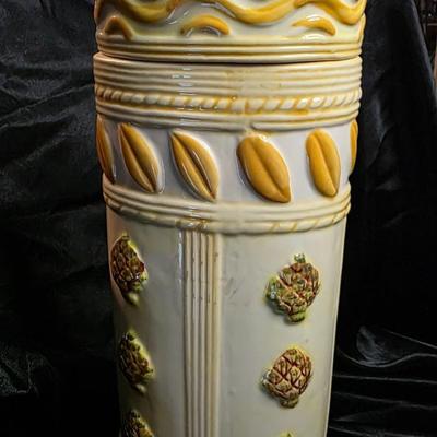 Vintage Italian Majolica Oval Pasta Canister with Artichoke Lid – Hand-Painted Ceramic Storage Jar, 15”