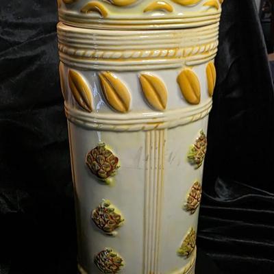 Vintage Italian Majolica Oval Pasta Canister with Artichoke Lid – Hand-Painted Ceramic Storage Jar, 15”