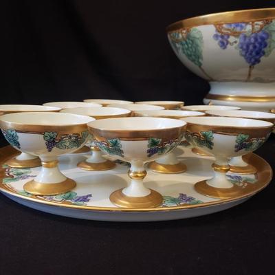 Hand Painted-Limoges Punch Bowl, Cups and Tray (DR-KD)
