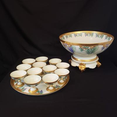 Hand Painted-Limoges Punch Bowl, Cups and Tray (DR-KD)