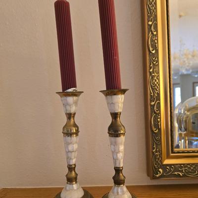 Brass and Mother of Pearl Candlesticks