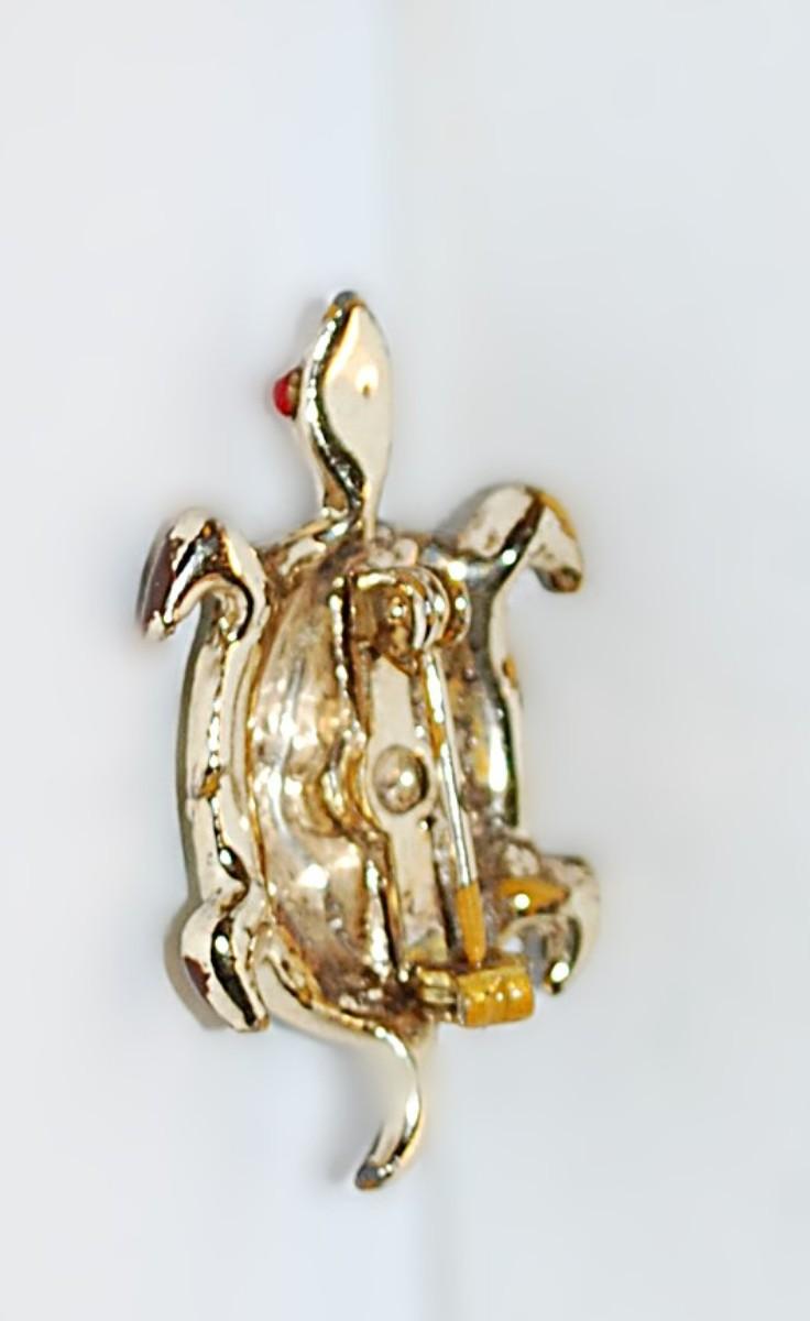 Small GREEN TURTLE BROOCH (1¼" x ¾") with Green Stripes, Red Eyes & Brown Tail on a Gold Tone Setting