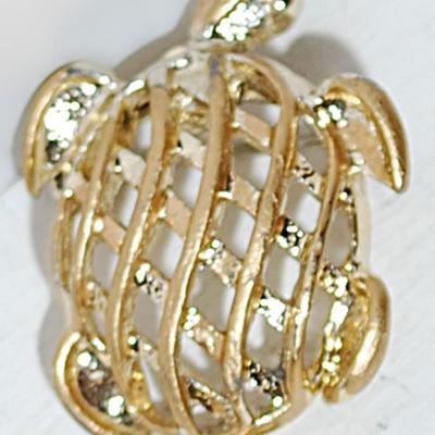 Small GOLD TONE TURTLE BROOCH (1¼" x ¾") with Filigree Style Shell and Silver Tone Pin