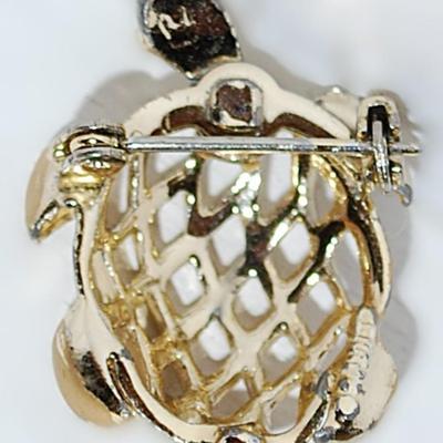 Small GOLD TONE TURTLE BROOCH (1¼" x ¾") with Filigree Style Shell and Silver Tone Pin