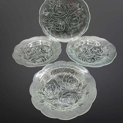 Set of 4 Pressed Glass Plates with Rose Design – Made in Indonesia
