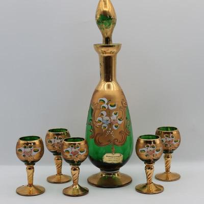 Murano Hand Blown Art Glass Decanter & 6 Cordial Stems