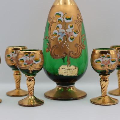 Murano Hand Blown Art Glass Decanter & 6 Cordial Stems