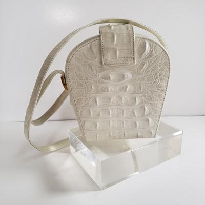 LOT 225MBL: Alligator Print Purse with Dust Bag & Whiting & Davis Gold Mesh Heart Key Ring