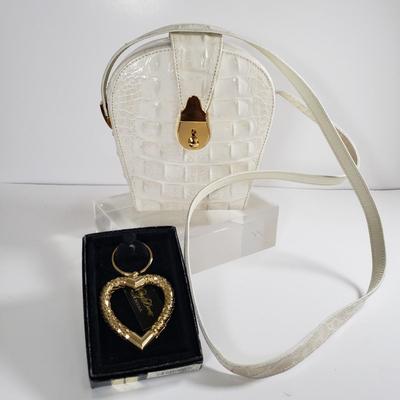 LOT 225MBL: Alligator Print Purse with Dust Bag & Whiting & Davis Gold Mesh Heart Key Ring
