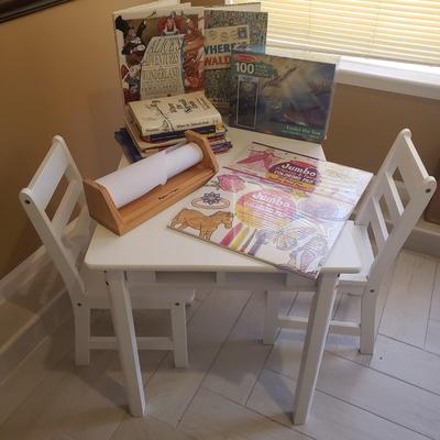 LOT 238B: Kids Table & Chair Set with Assortment of Unopened Crafts, Puzzles & Books