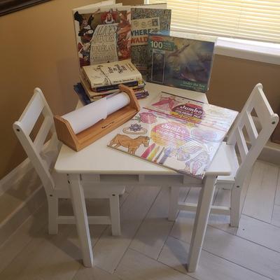 LOT 238B: Kids Table & Chair Set with Assortment of Unopened Crafts, Puzzles & Books