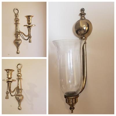 LOT 239B: Pair of Brass Wall Sconces & Brass Wall Sconce with Glass Hurricane