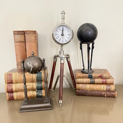 LOT 258F: Academic Home Decor: Clocks & Antique Books