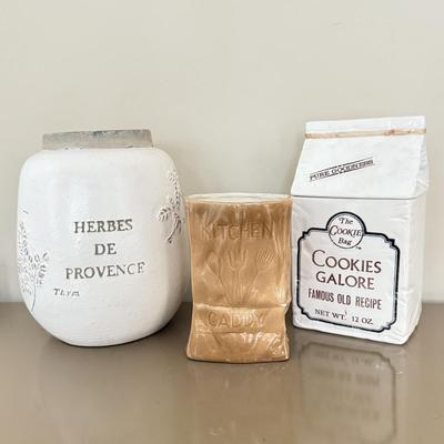 LOT 260F: The Cookie Bag Ceramic Cookie Jar, Paper Bag Kitchen Caddy & Herbes de Provence Jar
