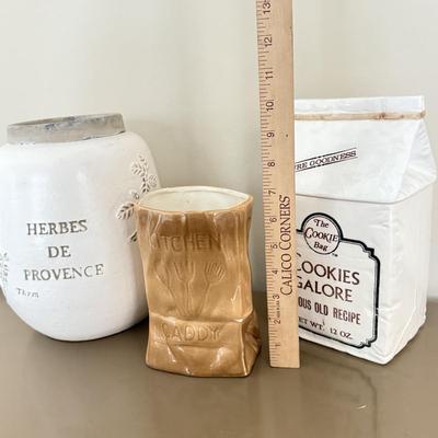 LOT 260F: The Cookie Bag Ceramic Cookie Jar, Paper Bag Kitchen Caddy & Herbes de Provence Jar
