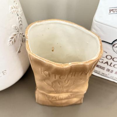 LOT 260F: The Cookie Bag Ceramic Cookie Jar, Paper Bag Kitchen Caddy & Herbes de Provence Jar