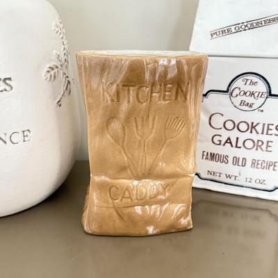 LOT 260F: The Cookie Bag Ceramic Cookie Jar, Paper Bag Kitchen Caddy & Herbes de Provence Jar