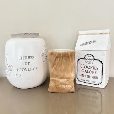 LOT 260F: The Cookie Bag Ceramic Cookie Jar, Paper Bag Kitchen Caddy & Herbes de Provence Jar