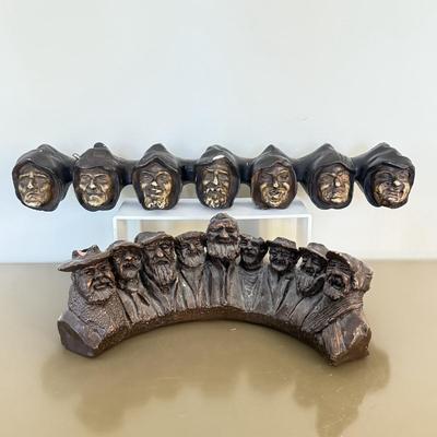 LOT 291F: Arts & Crafts Era Seven Deadly Sins Monk Wall Hanging & Sculptural Menorah