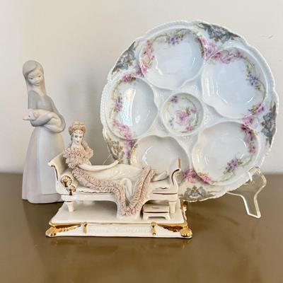 LOT 295F: Girl holding Pig Lladro, Dresden Germany Lace Porcelain Doll & Haviland Limoges Oyster Plate