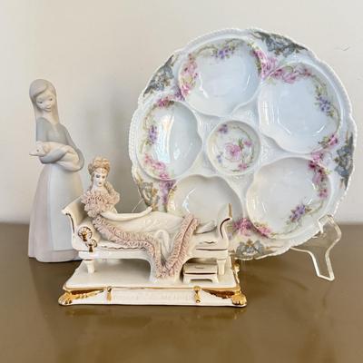 LOT 295F: Girl holding Pig Lladro, Dresden Germany Lace Porcelain Doll & Haviland Limoges Oyster Plate